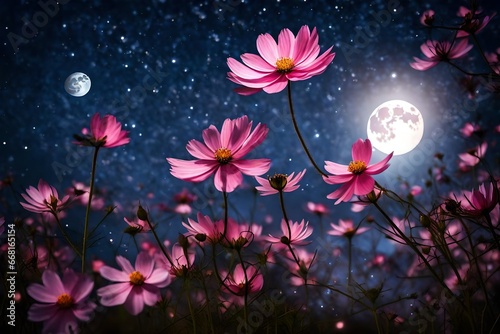  Beautiful pink flower blossom in garden with night skies and full moon. © Malaika