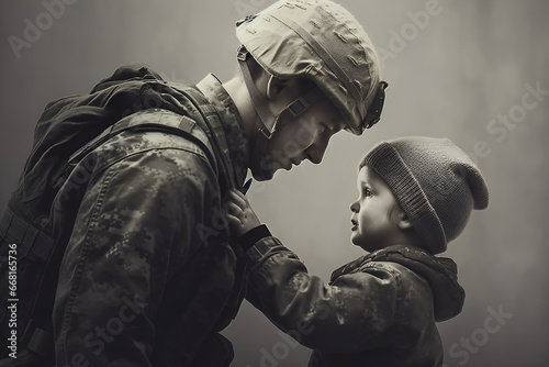 An Israeli army soldier rescues a small child. Generative AI photo