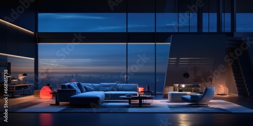 A modern and minimalist living room, with a 3 D fractal texture, and a blue hour lighting effect. AI Generative