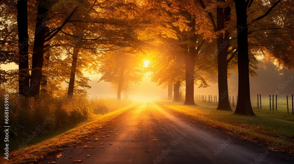 A golden sunset casting a warm glow on a countryside road, lined with trees displaying their autumn attire.