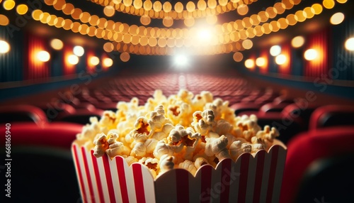 Close-up of a striped popcorn box, overflowing with popcorn, set against blurred cinema hall lights.