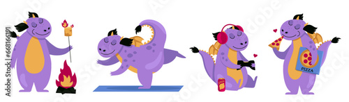 Set of illustrations with a funny dragon. He eats pizza, roasts marshmallows, does yoga and plays a video game. Vector graphic.