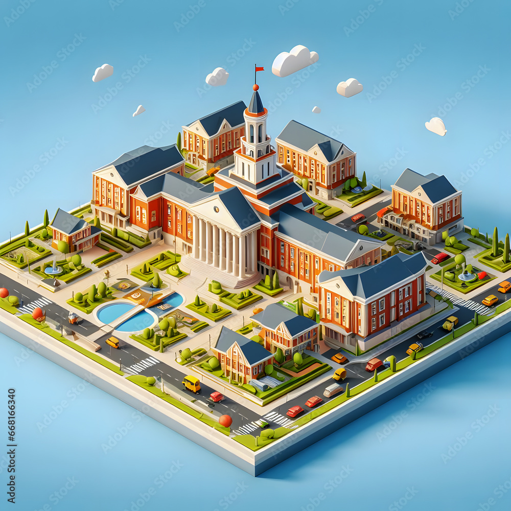 a 3d illustration of a school building with a fountain and trees Generative AI