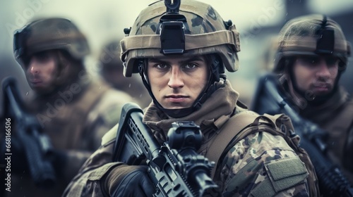 Close-up of an infantrymen capable of executing precision missions with efficiency. Infantrymen armed with state-of-art weaponry allows to carry out precision missions with high degree of accuracy