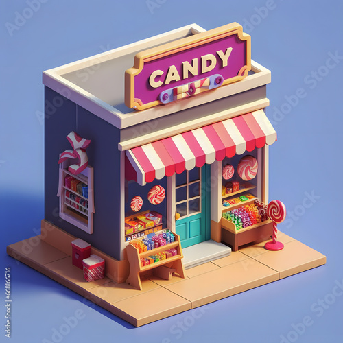 a close up of a small building with a candy shop on the front Generative AI