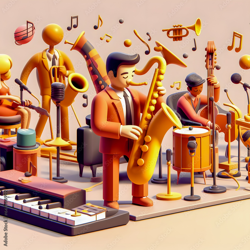 Fototapeta premium there are many figurines of people playing musical instruments Generative AI