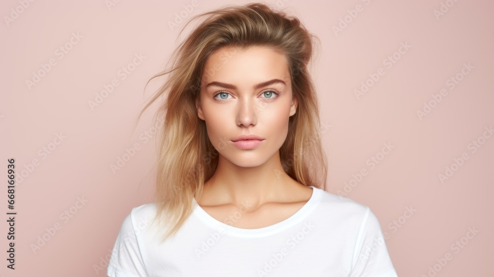 Portrait of a beautiful woman model. Face expression. Isolated on a colored background. Generative AI. Portrait of a beautiful woman model. Face expression. Isolated on a colored background. Generative AI.