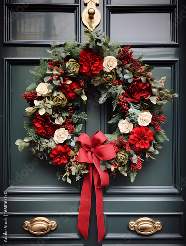 Festive Christmas wreath with ribbon adorning an elegant front wooden door. © Jan