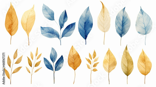 golden and blue leaves on white background watercolor. generative ai