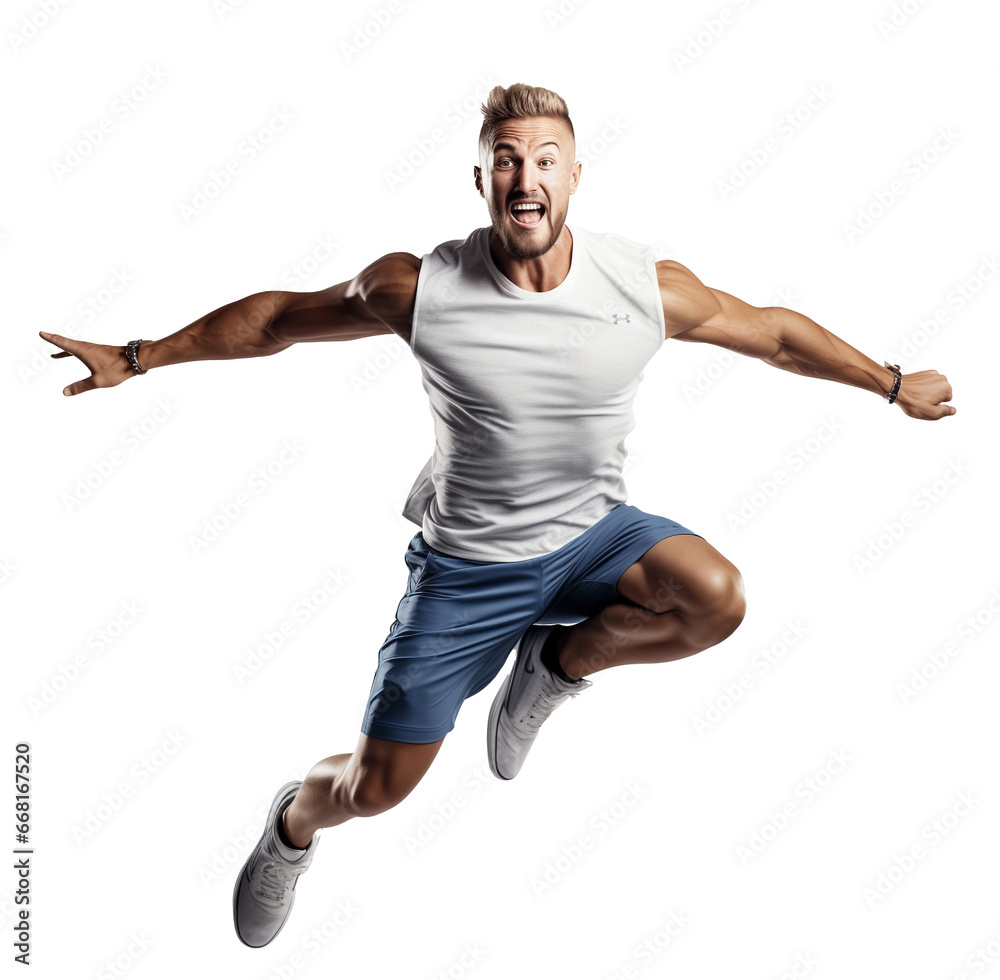 Naklejka premium Dobrze zbudowany, młody mężczyzna w sportowym stroju z zarysem mięśni skacze do góry. Przezroczyste tło.