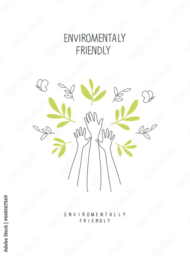 Environmentally friendly planet concept. Hand drawn cartoon sketch of arm and leaves. Green energy concept. Sustainable lifestyle. Think Green.  