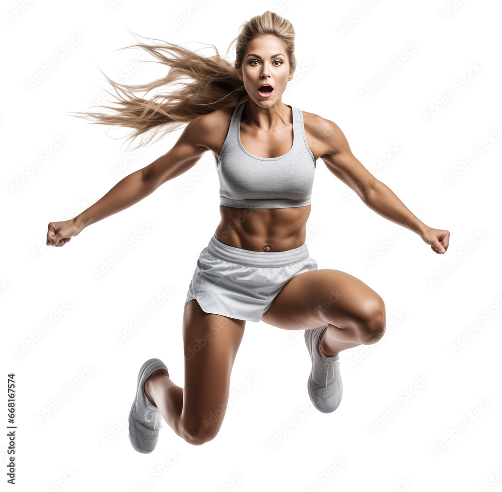 Obraz premium Dobrze zbudowana, młoda kobieta w sportowym stroju, z zarysem mięśni skacze do góry. Przezroczyste tło.