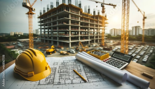 Blueprints and yellow safety helmet symbolizing planning in the forefront of a busy construction site