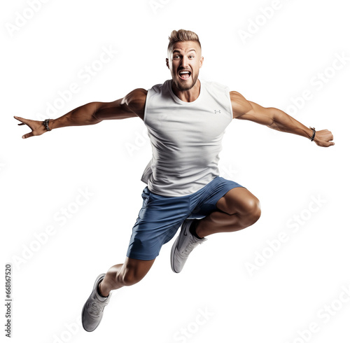 Dobrze zbudowany, młody mężczyzna w sportowym stroju z zarysem mięśni skacze do góry. Przezroczyste tło.