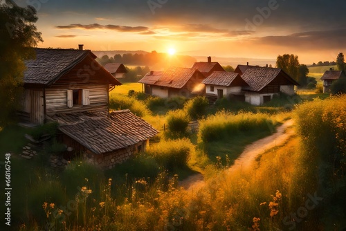 Village houses at sunset in summer. Beautiful view