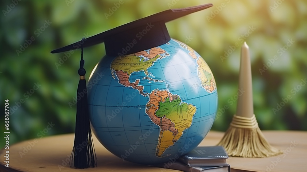 Graduated study abroad international Conceptual, Graduation hat on top Earth globe. generative ai - obrazy, fototapety, plakaty 