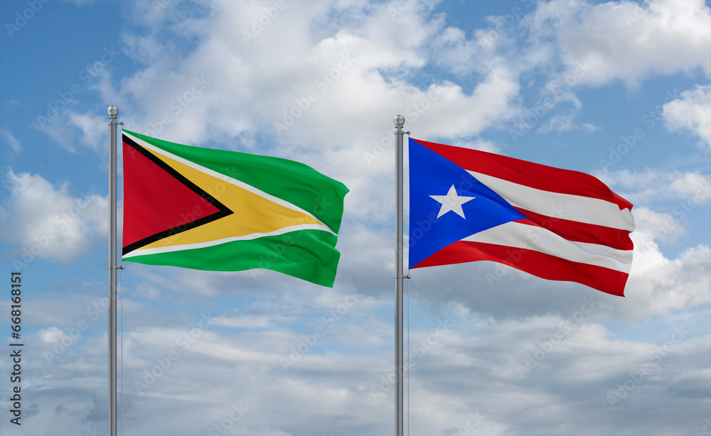 Puerto Rico and Guyana flags, country relationship concept