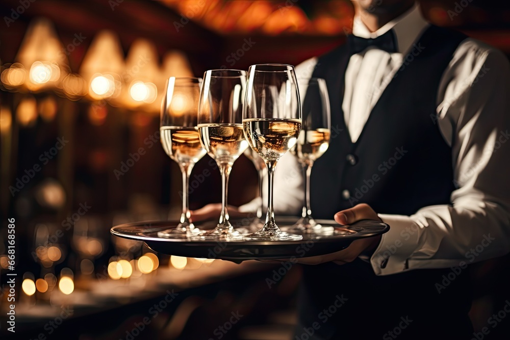 A butler or waiter in a formal suit elegantly serving champagne with a tray at a luxurious and festive celebration.