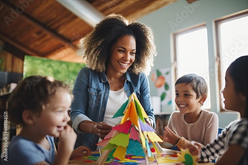 A dedicated early childhood educator provides educational and playful activities to a diverse group of children, promoting their development and creativity in a supportive environment. photo
