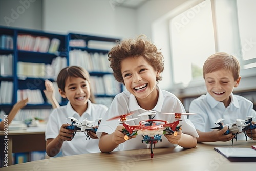 At a forward-thinking school, a diverse group of children collaborate to learn about technology, robotics and STEM concepts. photo