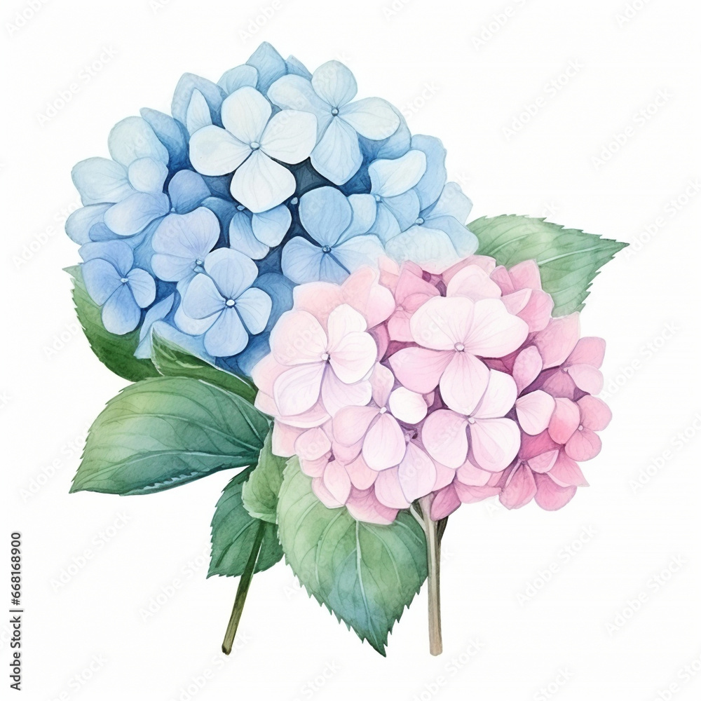 Beautiful bouquets with blue and purple hydrangea flowers watercolor paint on white Beautiful bouquets with blue and purple hydrangea flowers watercolor paint on white