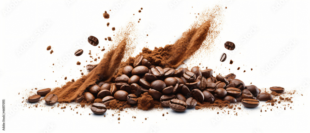 Coffee powder and coffee beans splash or explosion - obrazy, fototapety, plakaty 