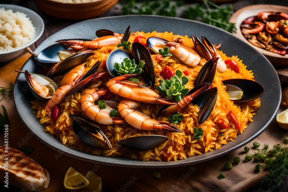 A photograph of a sizzling pan of gambas al ajillo (garlic shrimp), highlighting the succulent shrimp bathed in garlic and olive oil, taken with a 24mm lens, an aromatic Spanish classic.