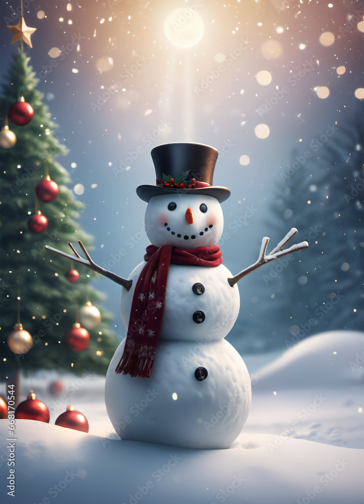 Cinematic illustration of the cute funny Christmas Snowman