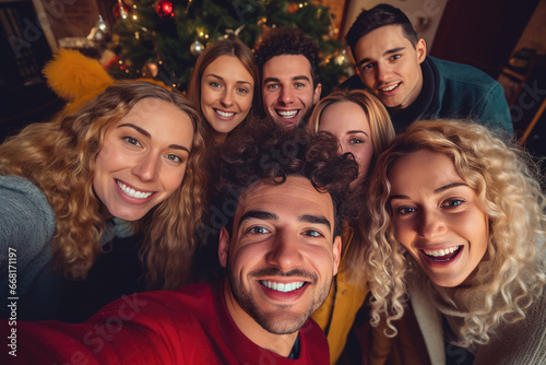 Group of friends taking a selfie at home on Christmas with the tree and Christmas lights in the background