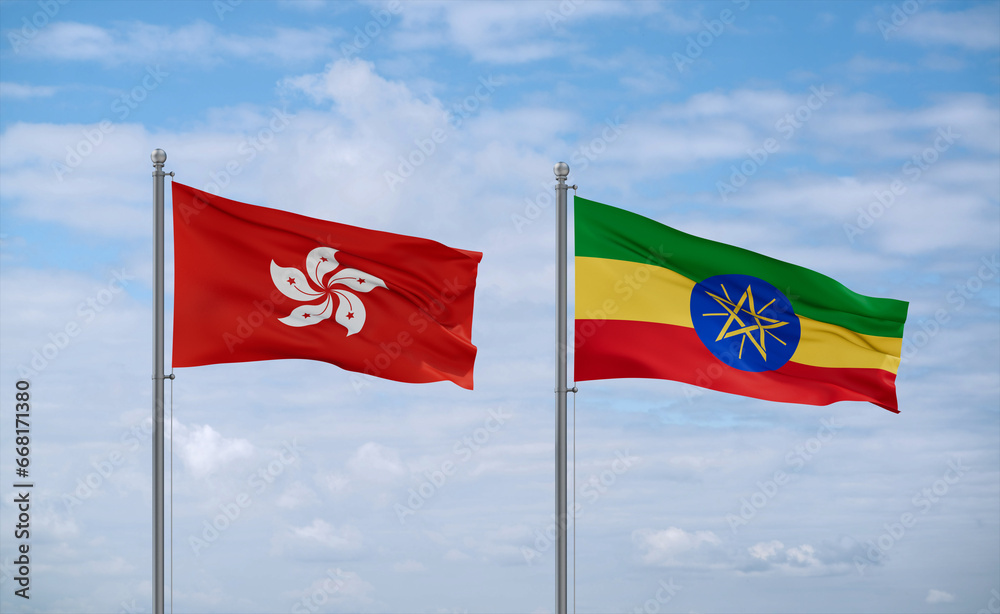 Ethiopia and Hong Kong flags, country relationship concept Ethiopia and Hong Kong flags, country relationship concept