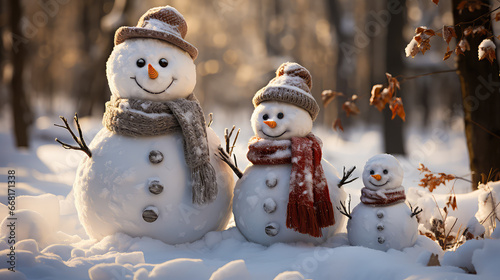 Smiling Snowman Family in Wintertime. Christmas and New Year concept. © Karim Boiko