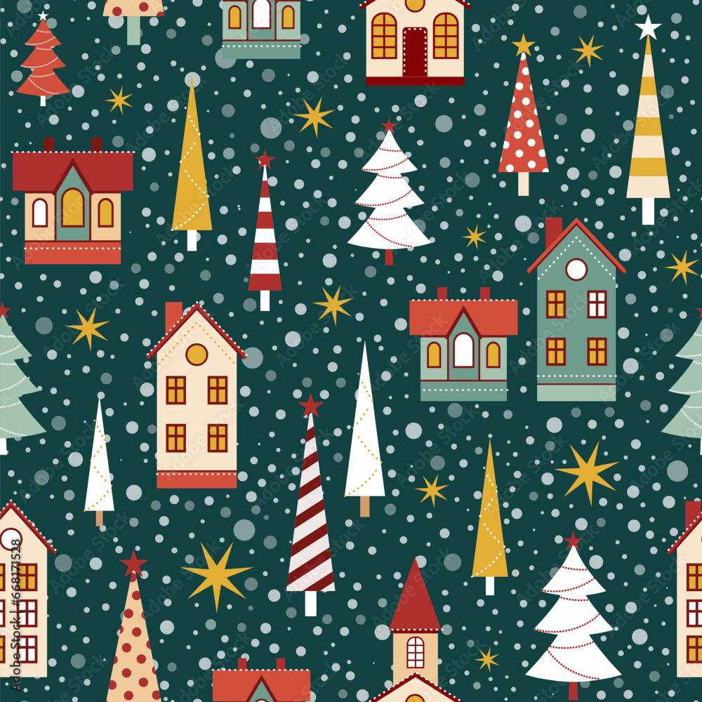 Vintage Christmas Pattern with Snow Houses