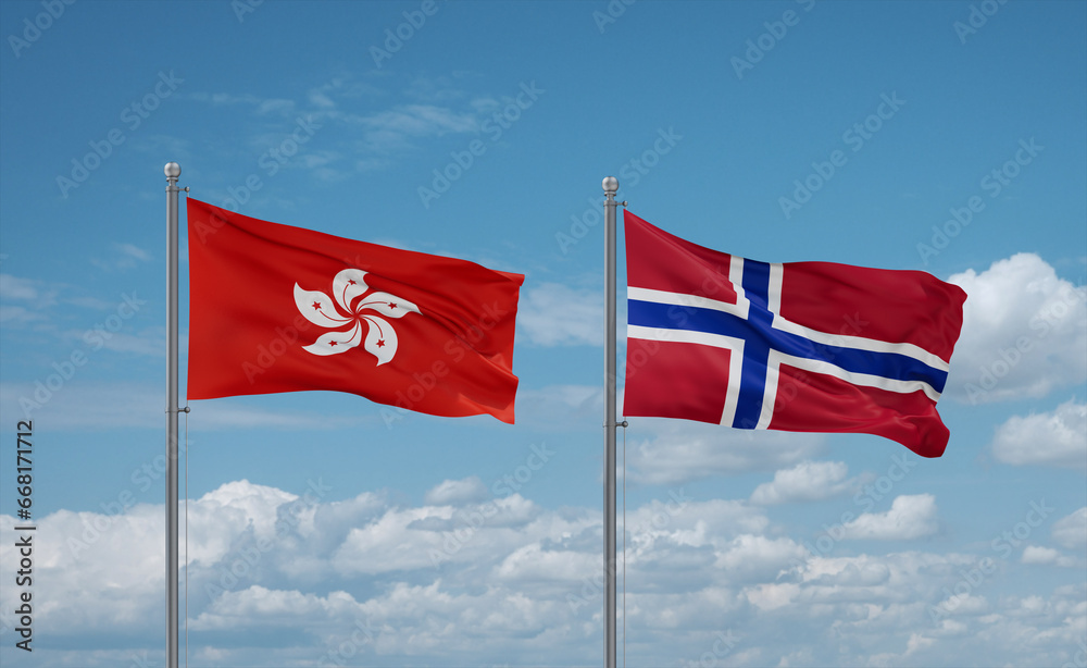 Norway and Hong Kong flags, country relationship concept Norway and Hong Kong flags, country relationship concept