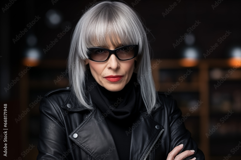 wealthy older woman in fashion, portrait wearing black leather and sunglasses wealthy older woman in fashion, portrait wearing black leather and sunglasses