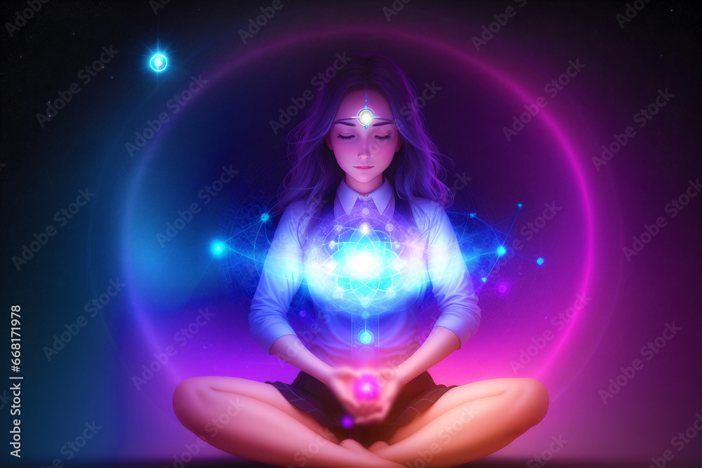 The girl meditates. Journey to Inner Peace. Embracing Meditation for Mind, Body and Soul. Generative AI