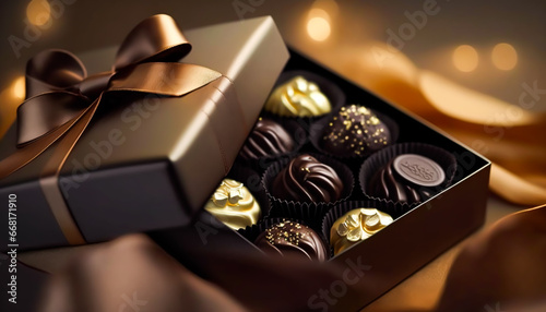 Chocolates and chocolate pralines in a gift box as a luxury holiday present, generative ai photo