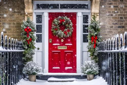 Christmas wreath and decoration on a classic red door on snowing winter holiday, Merry Christmas and Happy Holidays wishes, generative ai