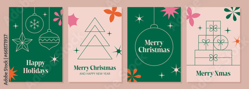 Set of modern minimalist Christmas posters with abstract geometric shapes. Xmas holiday covers. Vector illustration