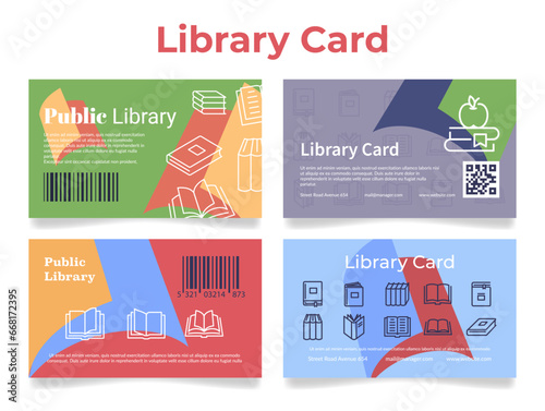 Public library privilege pass membership design template with barcode set vector illustration