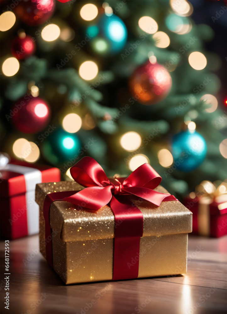 Photo of the Christmas box and Christmas tree Photo of the Christmas box and Christmas tree