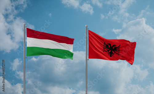 Hungary and Albania national flags, country relationship concept