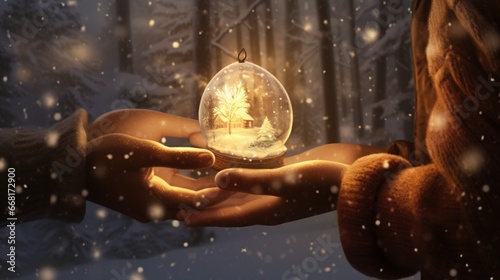 A pair of warm, toasty mittens holding a snow globe with a wintry scene. photo