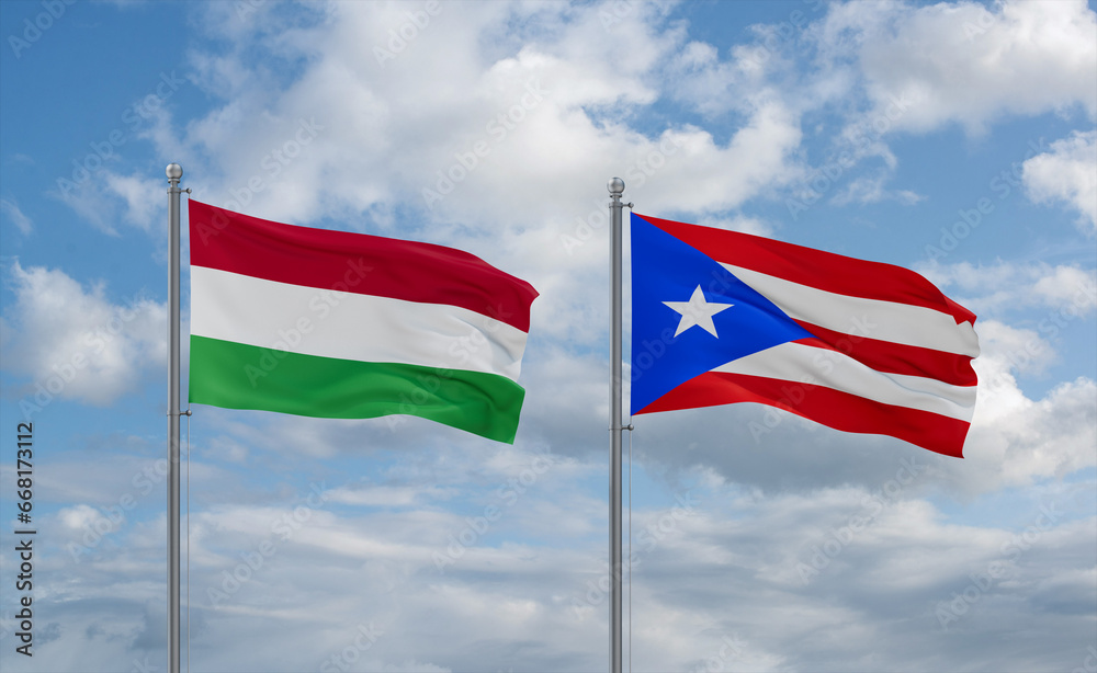 Puerto Rico and Hungary flags, country relationship concept