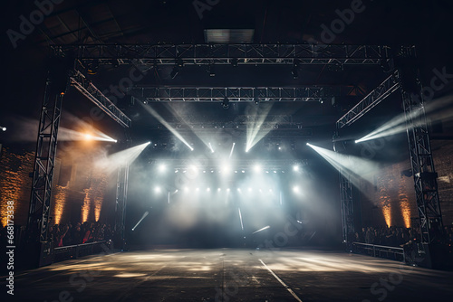 A concert stage with an industrial vibe. Exposed brick walls, metal trusses, and bright spotlights