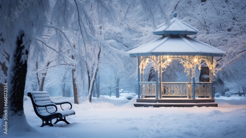 A peaceful winter scene of a lone bench under a snow-covered gazebo.