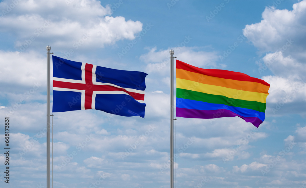 Gay Pride and Iceland flags, country relationship concept Gay Pride and Iceland flags, country relationship concept