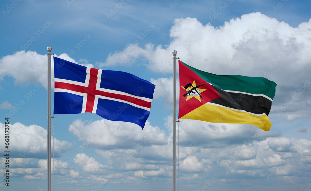 Mozambique and Iceland flags, country relationship concept Mozambique and Iceland flags, country relationship concept