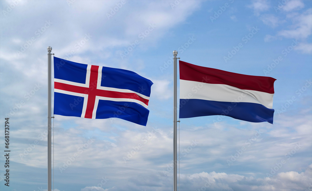 Netherlands and Iceland flags, country relationship concept