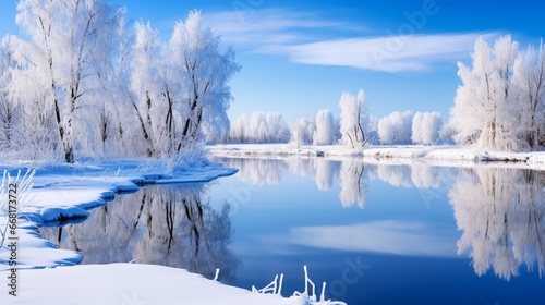 A pristine, frozen pond reflecting a clear blue sky, capturing the serenity of winter. © Ibraheem