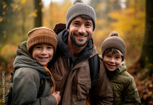 Smiling Father with Two Kids in a Autumnal Forest
